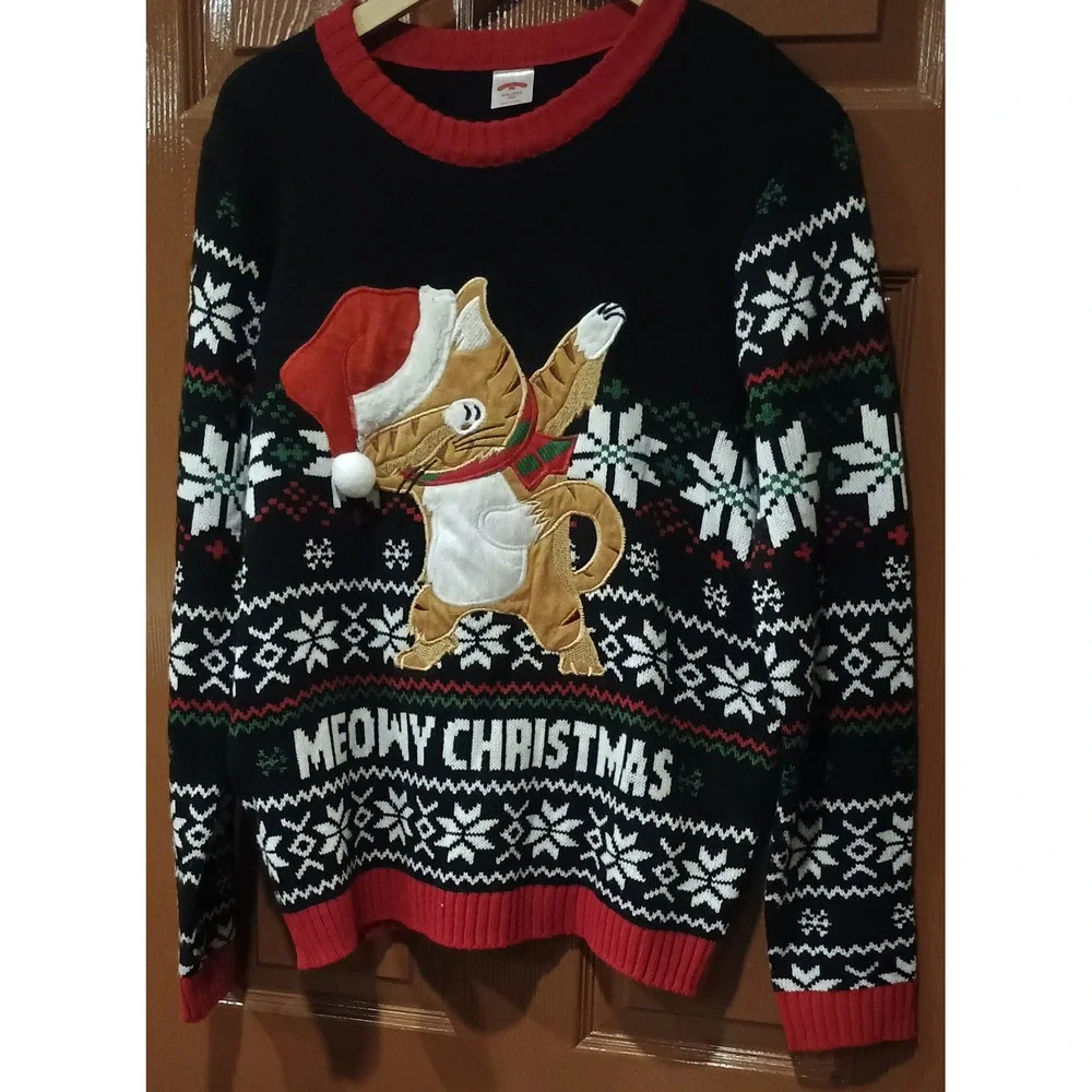 Holiday Time Sweater Mens XXL Black Dabbing Cat Meowy Christmas Excellent Ugly